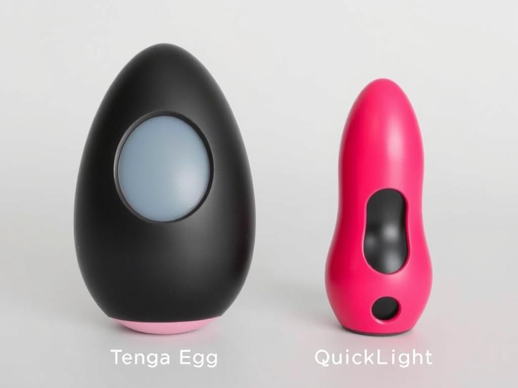 Comparison of Tenga Egg and Fleshlight Quickshot side by side