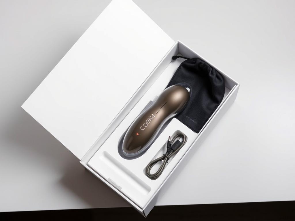 Lovense Calor unboxing showing the product box, the device, and included accessories like charging cable and storage pouch