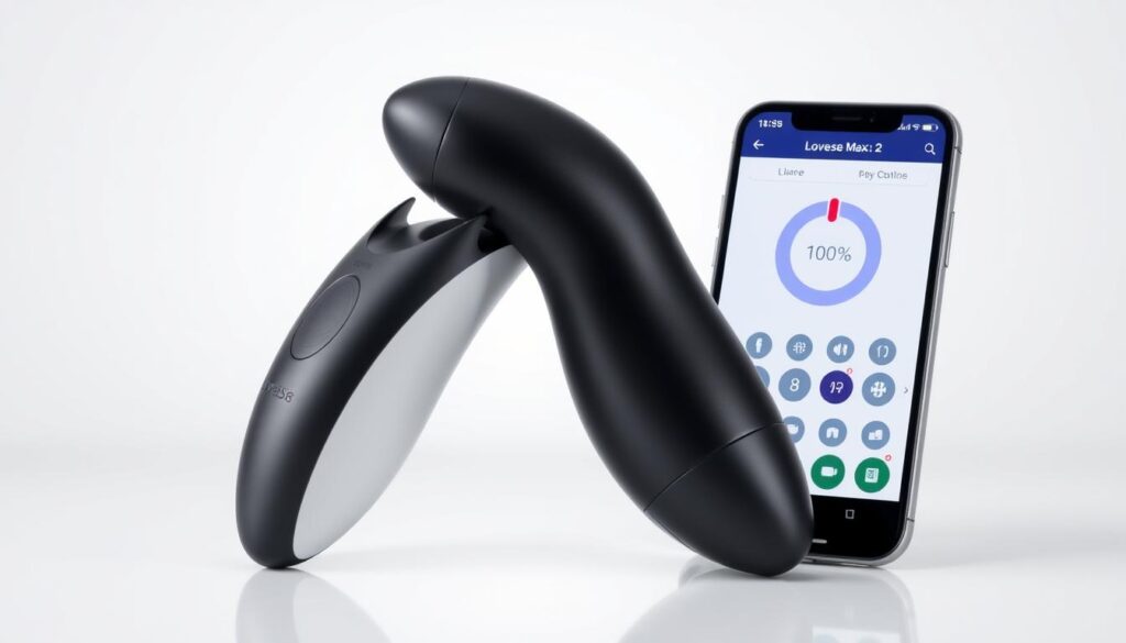 Lovense Max 2 male masturbator with app control screen visible on smartphone