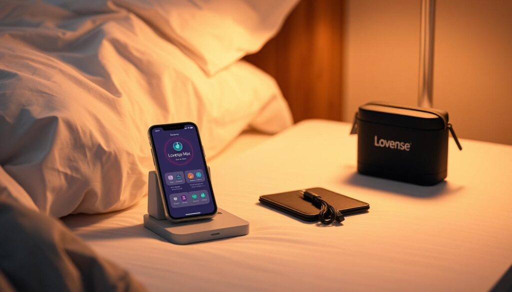 Lovense Max 2 with smartphone showing app and accessories arranged in lifestyle setting